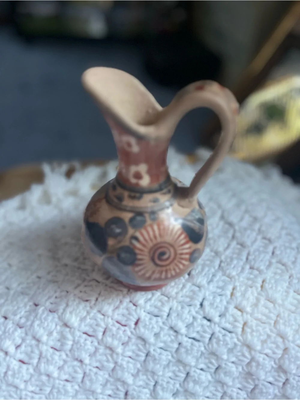 Vintage Mexican sm. pottery pitcher, Tonala hand painted burnished glaze